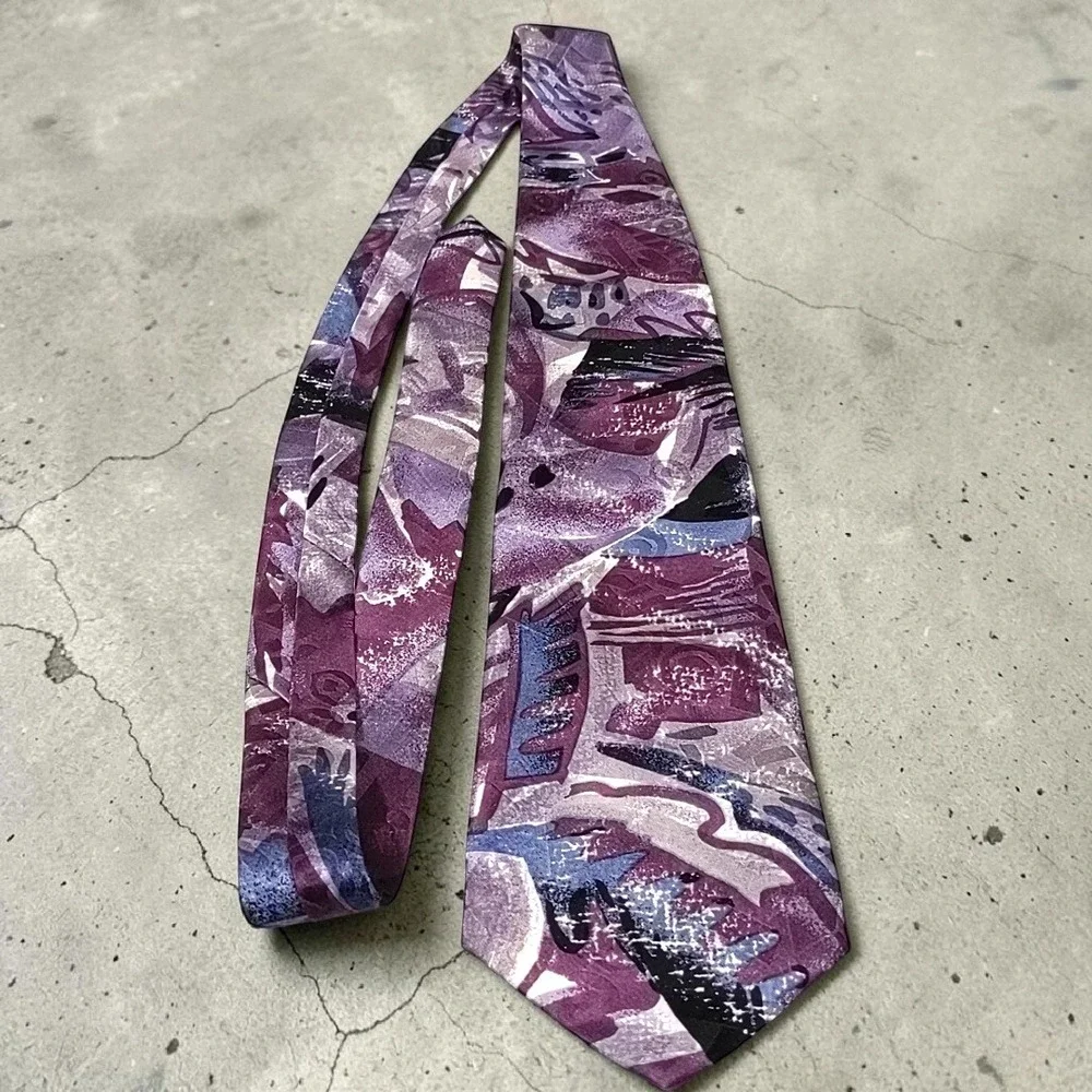 Vtg 90s Bugatti Mens Silk Tie Purple Abstract Geometric Brushstroke Italian Silk